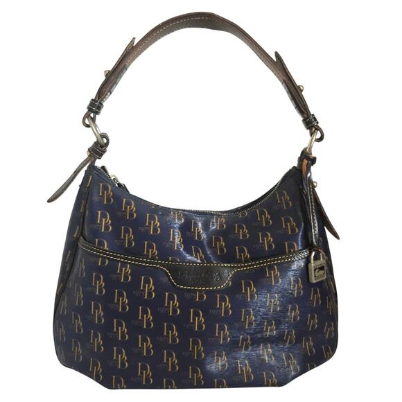 Dooney and Bourke 1975 Signature Collins Navy Shoulder Bag Coated Canvas Leather
